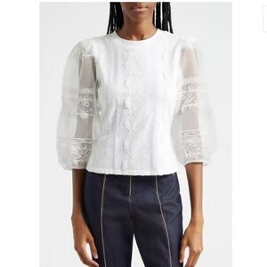 CINQ À SEPT
Stefania Lace Trim Shirt - White Elegant White Lace Blouse size S